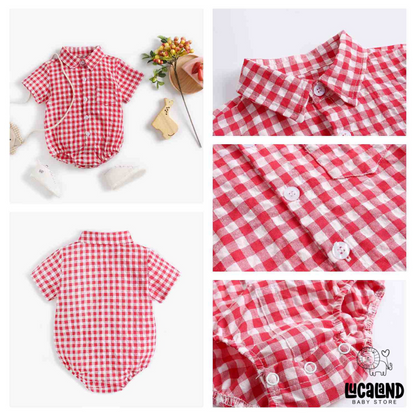 Body camisa manga corta de algodón cuadros rojo